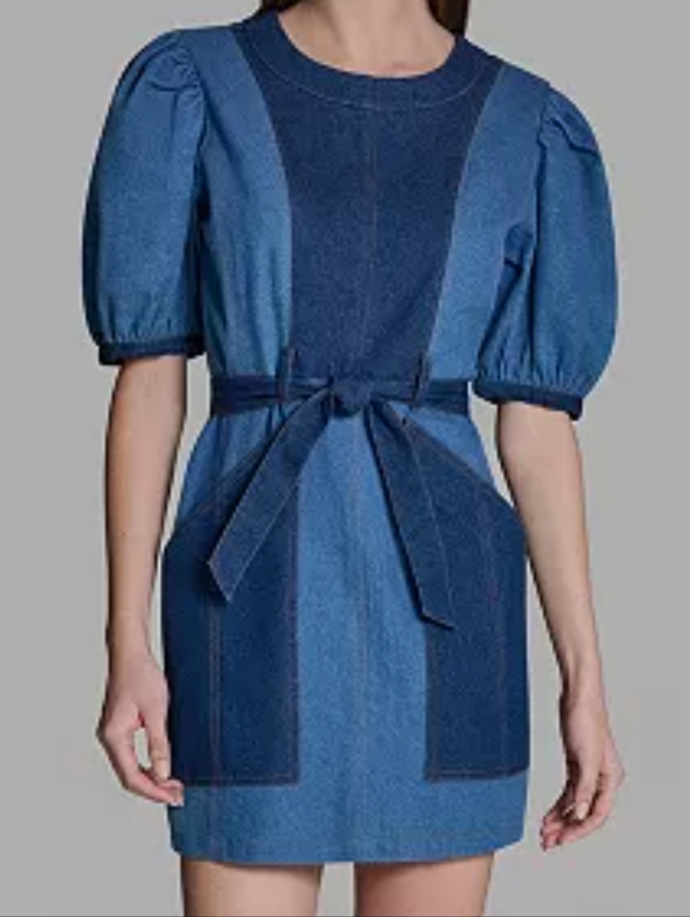 BCBG Two-Tone Blue Denim Puff-Sleeve Mini Dress